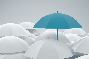 white umbrellas with one blue umbrella